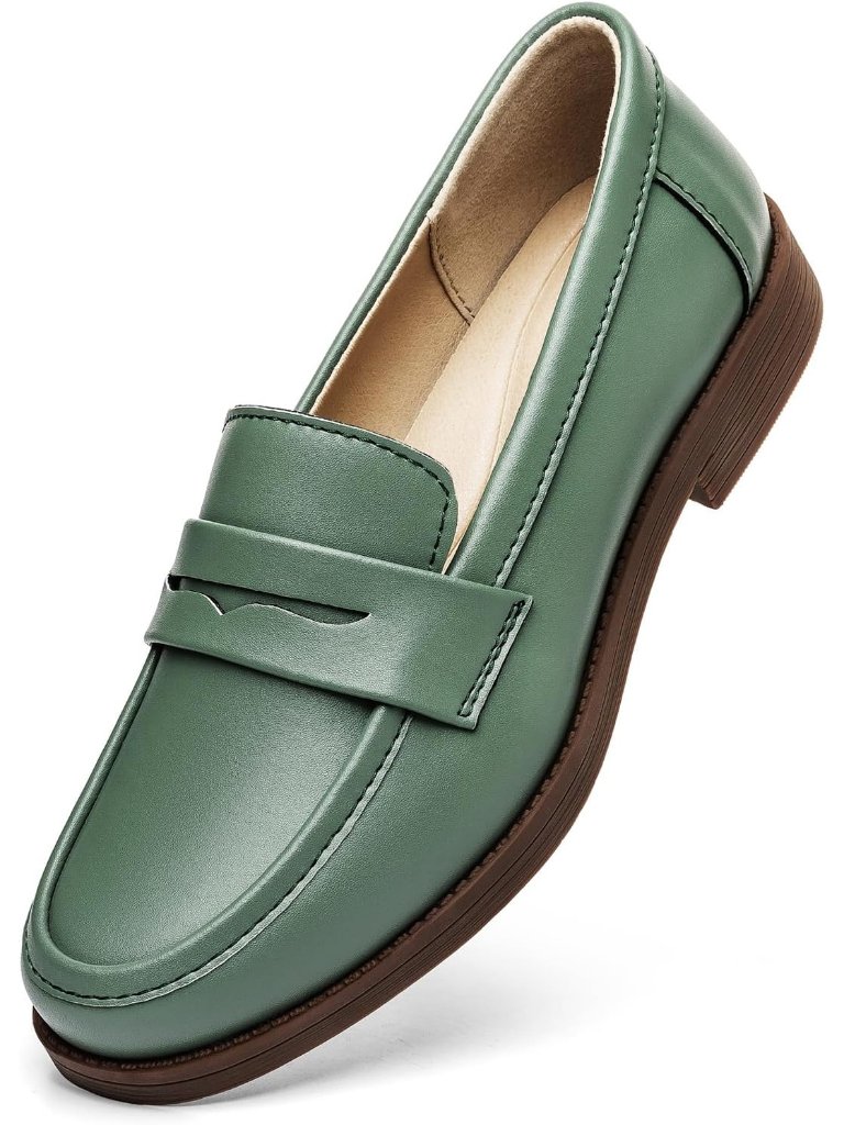 Women’s Green Comfortable Leather Penny Loafers Slip On Business Casual